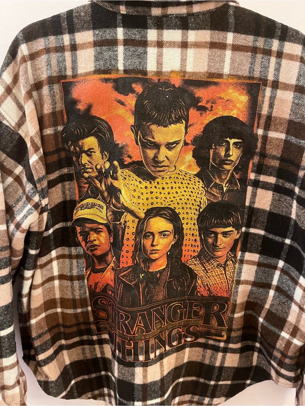 Stranger Things Plaid Flannel Shirt Jacket - Brown/Black/Cream - Size Large